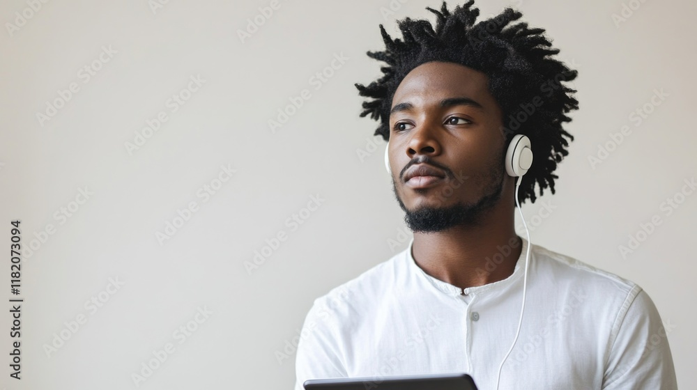Fototapeta premium Young African American man wearing headphones and using a digital tablet while relaxing at home, modern lifestyle, technology, casual indoor setting, music enjoyment.