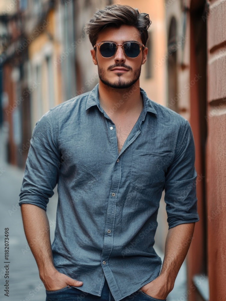 Stylish young man in a fashionable grey shirt and sunglasses, posing confidently in an urban street setting, modern fashion, city style, casual wear, lifestyle. Stylish young man in a fashionable grey shirt and sunglasses, posing confidently in an urban street setting, modern fashion, city style, casual wear, lifestyle.