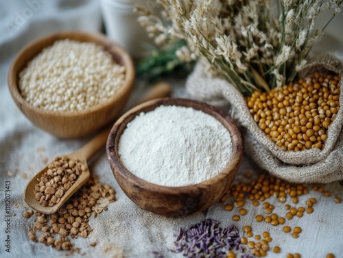 Natural ingredients displayed in wooden bowls with organic grains, seeds, and flour, complemented by dried flowers, emphasizing agriculture and healthy nutrition, healthy living, natural foods, organi photo