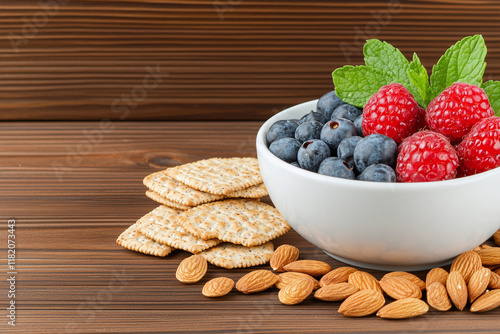 Fresh blueberries, raspberries, and almonds in bowl with crackers, creating healthy snack arrangement. Perfect for nutritious lifestyle and vibrant presentation photo