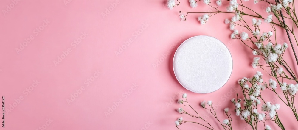 White cotton pad on a pink background surrounded by delicate white flowers, representing beauty and skincare routines, hygiene, fresh skincare, clean and healthy skin, cosmetics. White cotton pad on a pink background surrounded by delicate white flowers, representing beauty and skincare routines, hygiene, fresh skincare, clean and healthy skin, cosmetics.