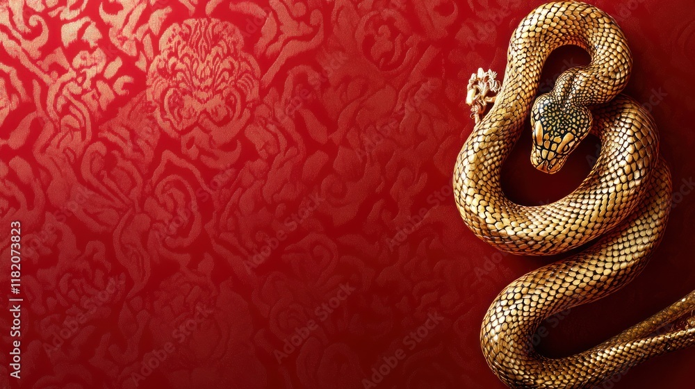 Golden snake coiled on red patterned fabric, Asian design background, New Year card Golden snake coiled on red patterned fabric, Asian design background, New Year card