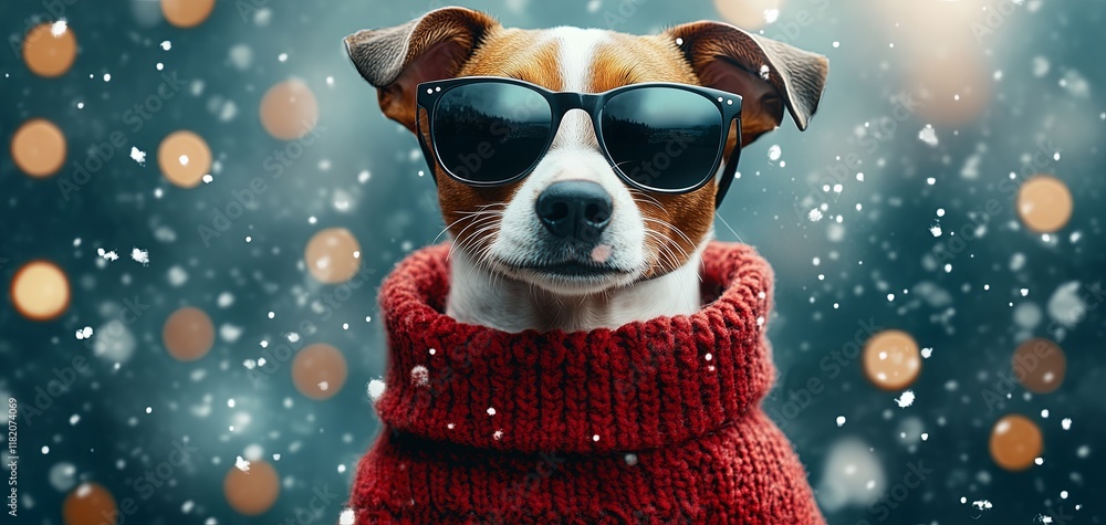 Fototapeta premium A dog wearing sunglasses and a red sweater. The dog is standing in the snow