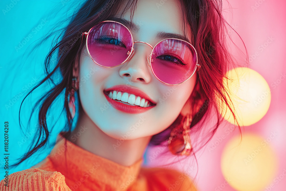 Portrait of elegant smiling and very beautiful Asian fashionable woman around colorful bright neon lights background Portrait of elegant smiling and very beautiful Asian fashionable woman around colorful bright neon lights background