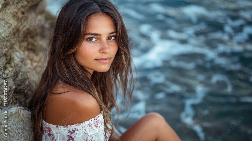 Young woman with long brunette hair sitting on rocky coastline by the sea, natural sunlight casting soft shadows, serene waves in background, ample empty space for text. Young woman with long brunette hair sitting on rocky coastline by the sea, natural sunlight casting soft shadows, serene waves in background, ample empty space for text.