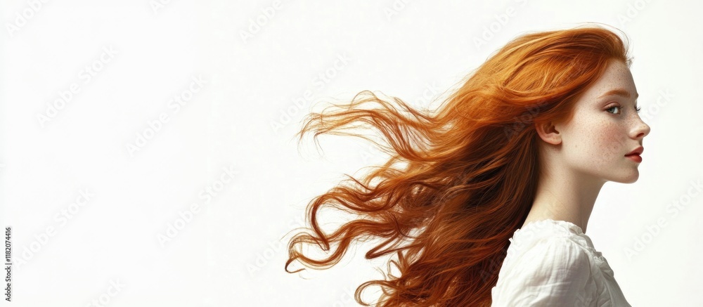 beautiful young redhead woman with flowing wavy hair on soft white background side profile shot capturing elegance and grace beautiful young redhead woman with flowing wavy hair on soft white background side profile shot capturing elegance and grace