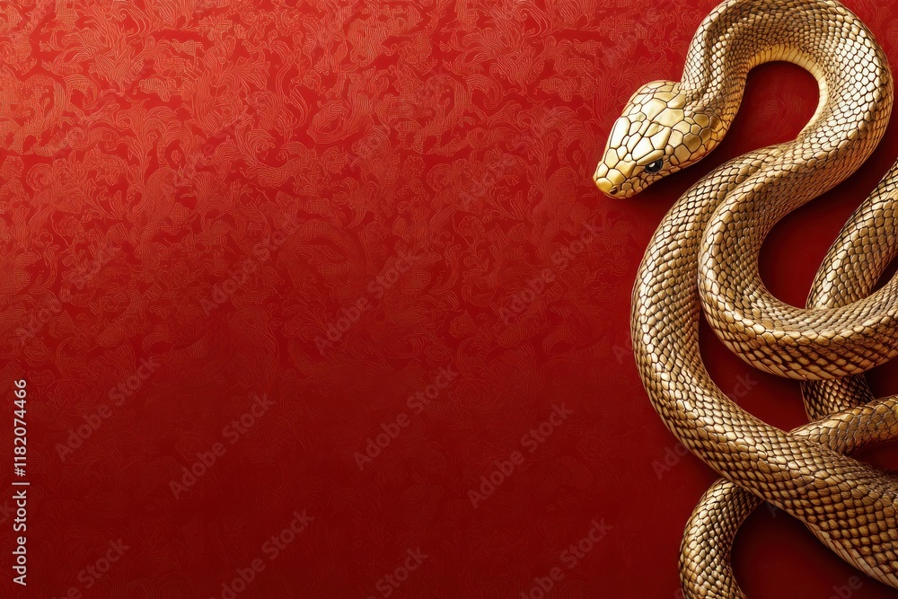Golden snake coiled, red background, Chinese New Year, design element Golden snake coiled, red background, Chinese New Year, design element