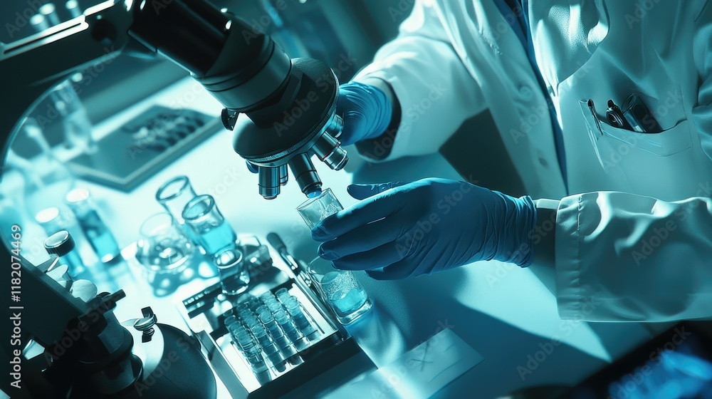 Working in micro labs to analyze human health in a hospital glare of orange light Working in micro labs to analyze human health in a hospital glare of orange light