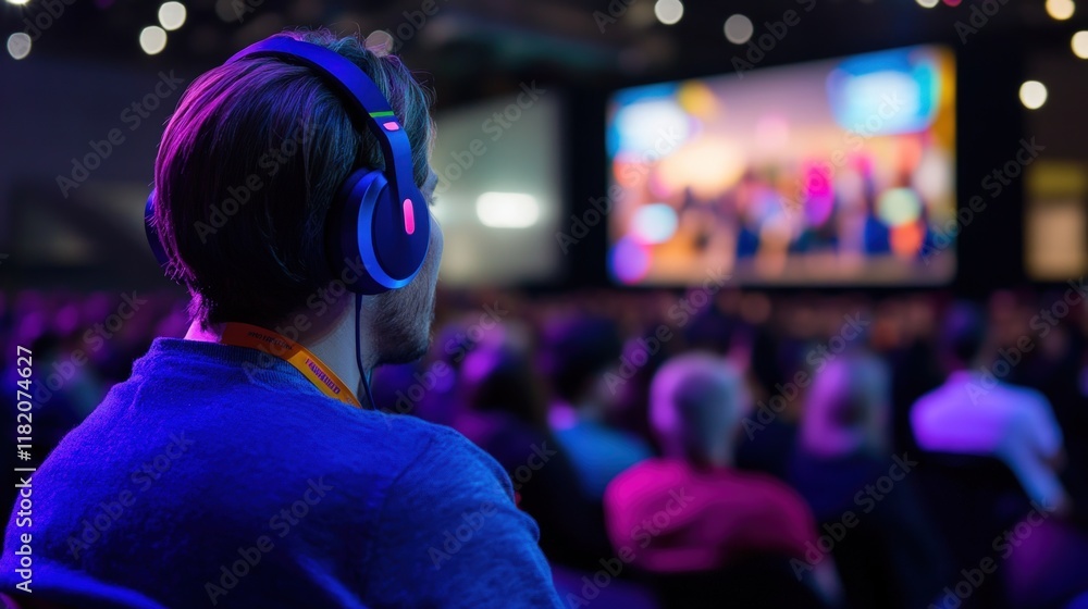 Immersive Conference Experience: Man with Headphones at a Tech Event Immersive Conference Experience: Man with Headphones at a Tech Event