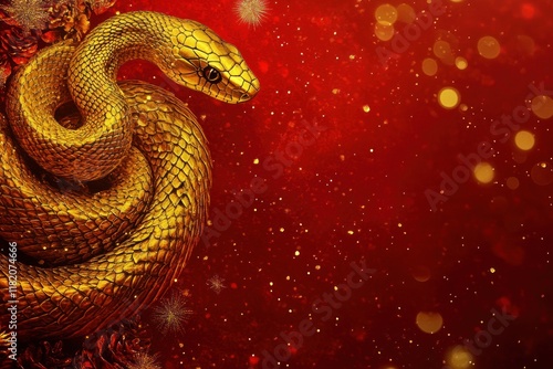 Golden snake coiled, red festive bokeh, holiday card photo