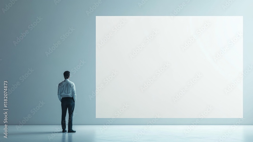 male executive in formal attire observing a large blank canvas in a minimalist modern workspace with soft light and neutral tones male executive in formal attire observing a large blank canvas in a minimalist modern workspace with soft light and neutral tones