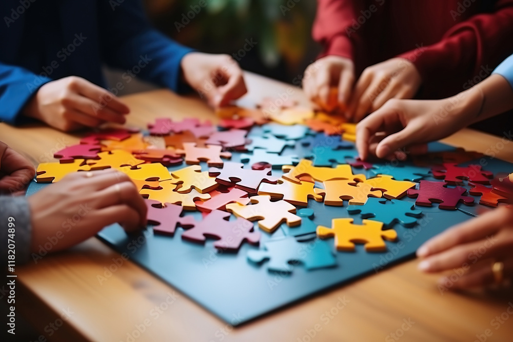 Fototapeta premium Outstanding Team Solving Colorful Jigsaw Puzzle