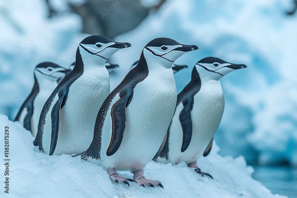 Obraz premium Chinstrap penguins group standing in the snow ice in Antarctica.