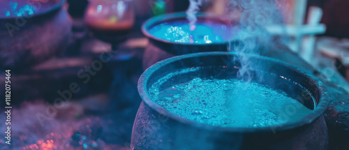 Enchanting bubbling cauldron filled with colorful magic potion in a mystical setting photo