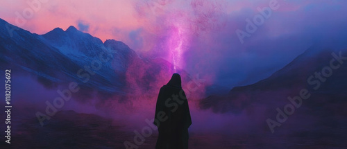 Epic battle of powerful magic in a mystical landscape at twilight