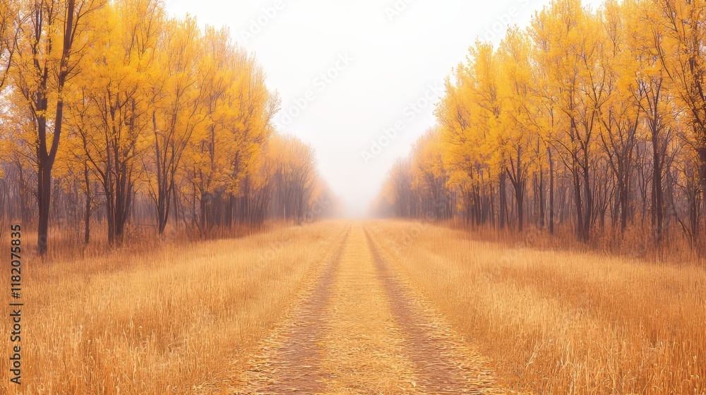 Fototapeta premium Golden Autumn Road Through Misty Fall Woods