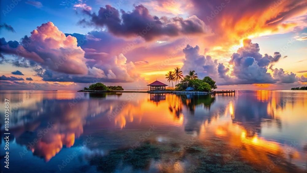 Serene Island Paradise: Pink Sunset Reflection in Calm Waters Serene Island Paradise: Pink Sunset Reflection in Calm Waters