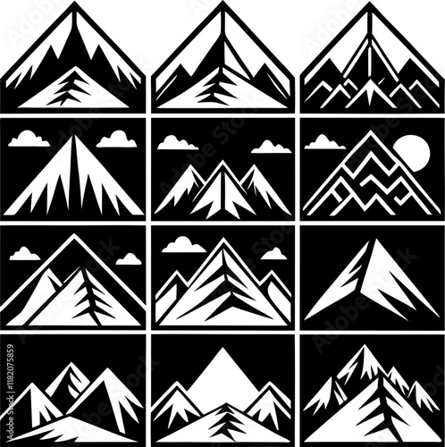 Collection of mountain silhouette icon set vector on transparent background