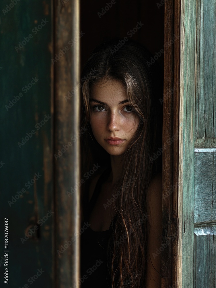 Majestic portrait of a girl with long dark hair framed in a rustic wooden doorway, soft natural light illuminating her serene expression and rich earth tones. Majestic portrait of a girl with long dark hair framed in a rustic wooden doorway, soft natural light illuminating her serene expression and rich earth tones.