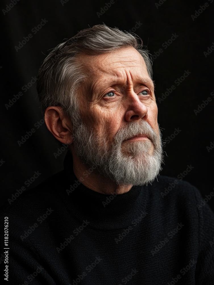 Obraz premium Reflective elderly man with gray beard in thoughtful pose wearing black sweater against rich black background, captured in soft natural lighting.