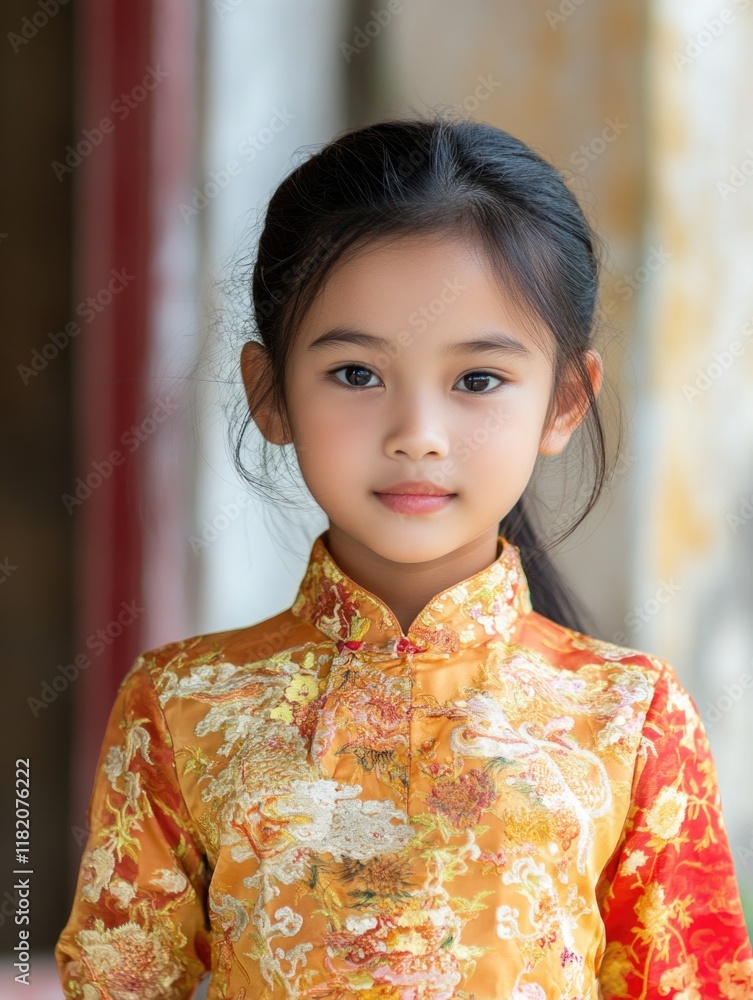 Portrait of young girl in traditional Chinese dress featuring vibrant orange tones, softly lit, displaying serene expression against blurred historical background. Portrait of young girl in traditional Chinese dress featuring vibrant orange tones, softly lit, displaying serene expression against blurred historical background.