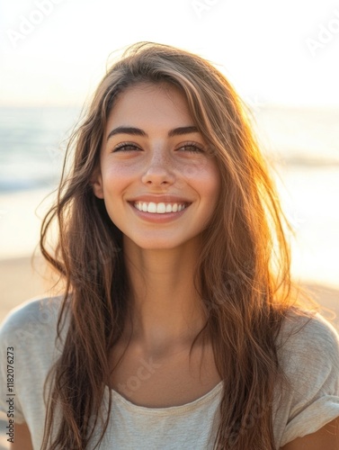 Smiling young woman with long hair on sandy beach during sunset, warm golden hues, enjoying carefree moment, captured in soft natural lighting.