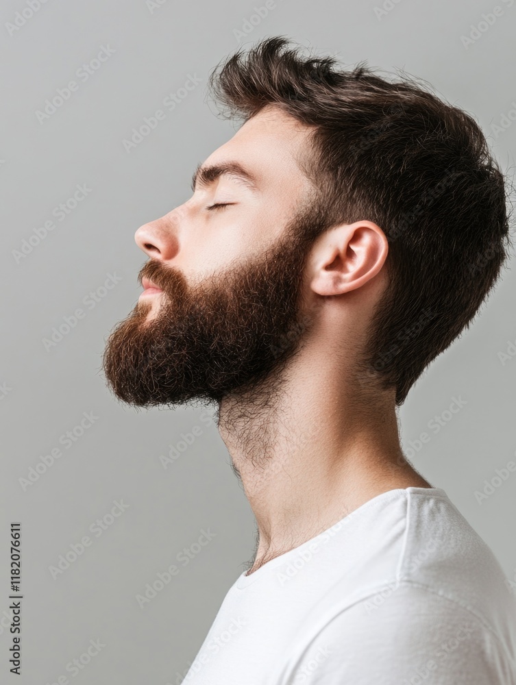 Obraz premium Profile of a handsome young man with a beard, eyes closed, set against a soft grey background, natural lighting highlighting facial features, casual white shirt.