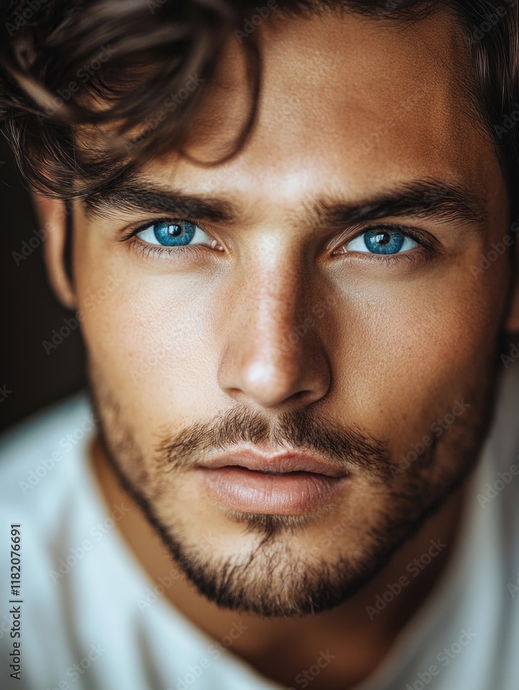 Close-up portrait of a handsome man with captivating blue eyes and tousled hair, softly lit against a dark background, showcasing a confident gaze. Close-up portrait of a handsome man with captivating blue eyes and tousled hair, softly lit against a dark background, showcasing a confident gaze.