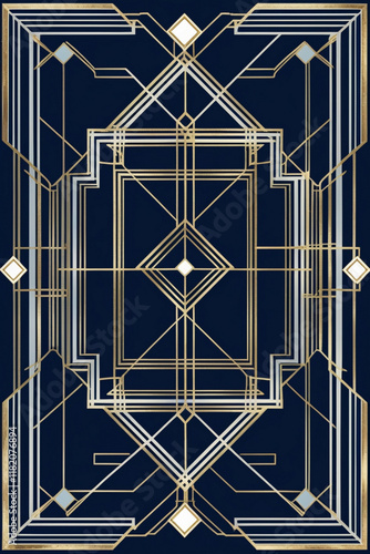 Art deco pattern cover design vector. Set invitation card of abstract geometric line art shape design on dark blue background. Use for wedding invitation, cover, VIP card, print, gala, wallpaper