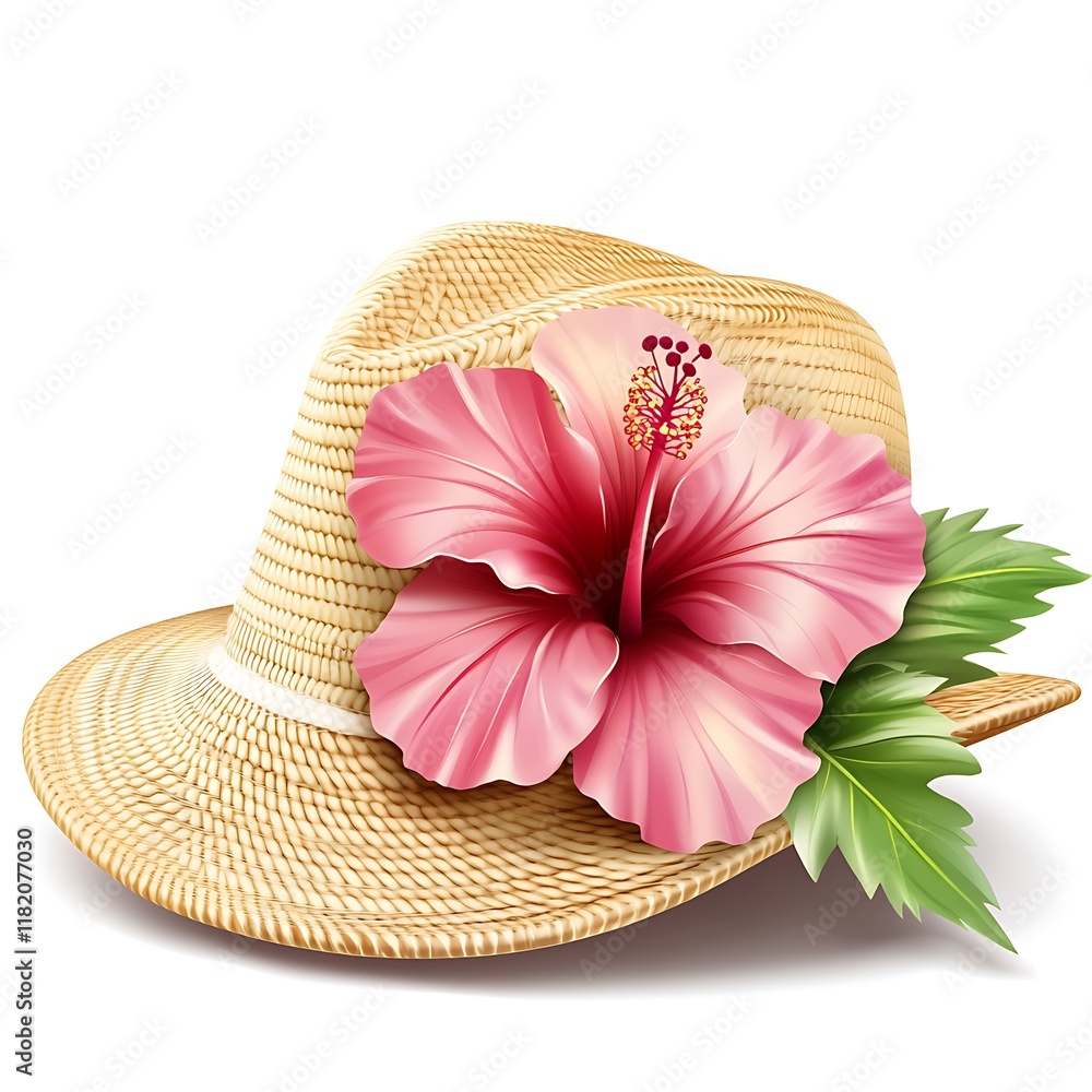 Elegant Straw Hat with Pink Hibiscus Flower Elegant Straw Hat with Pink Hibiscus Flower