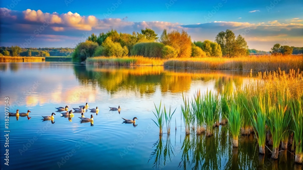 Serene Lakeside Scene: Reeds, Water, and Distant Birds Serene Lakeside Scene: Reeds, Water, and Distant Birds