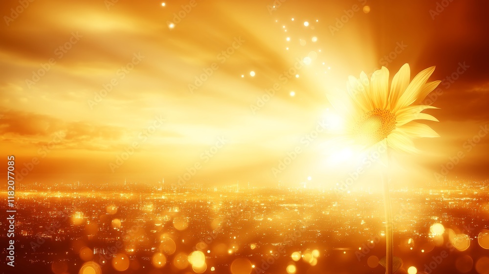Fototapeta premium Golden City Sunset with Radiant Sunflower