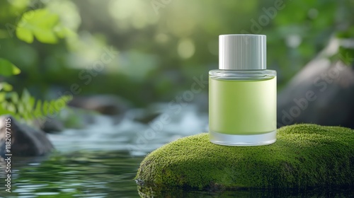 A green perfume bottle on a mossy stone by a serene stream in nature.