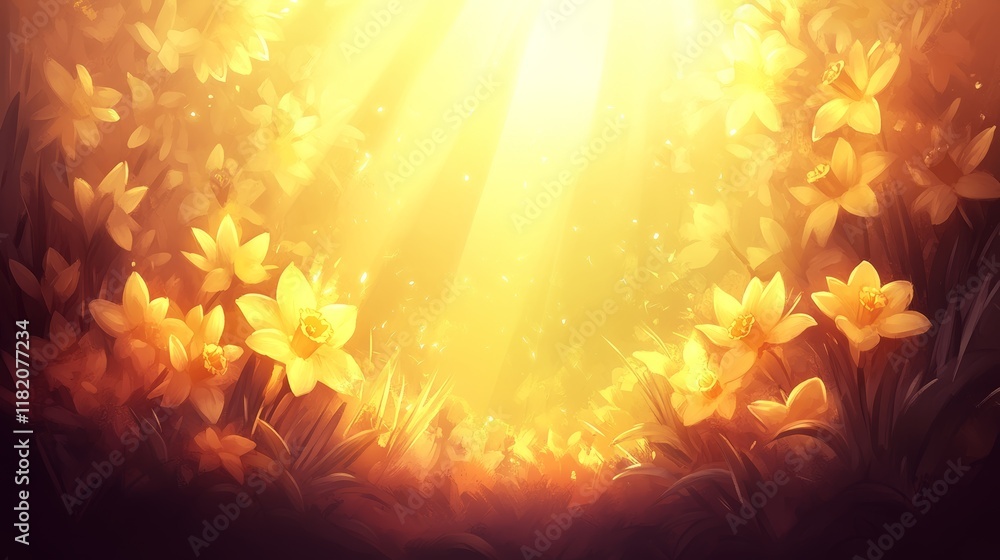 Fototapeta premium Golden Daffodil Meadow in Sunlight's Embrace