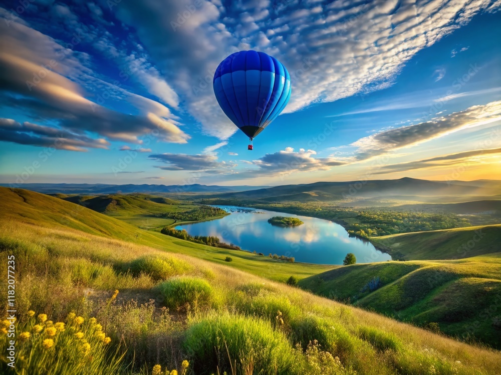 Obraz premium Serene Landscape: Single Blue Balloon Floating in a Vast Sky