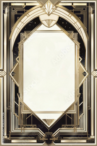 Golden art deco frame with ornament. Retro golden art deco or art nouveu frame in roaring 20s style. Generative AI.