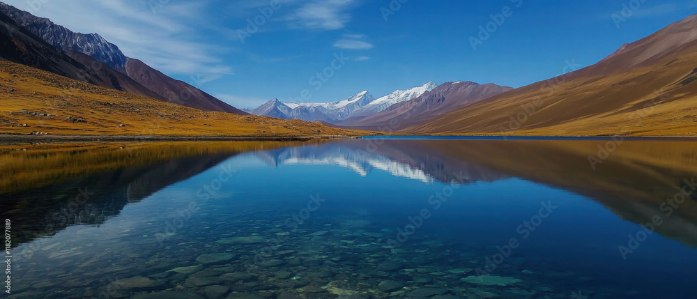 Obraz premium Serene mountain lake mirrors majestic peaks under a clear blue sky