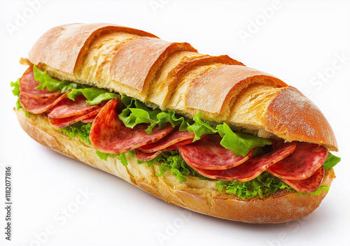 tasty baguette sandwich with salami and lettuce, isolated on white background