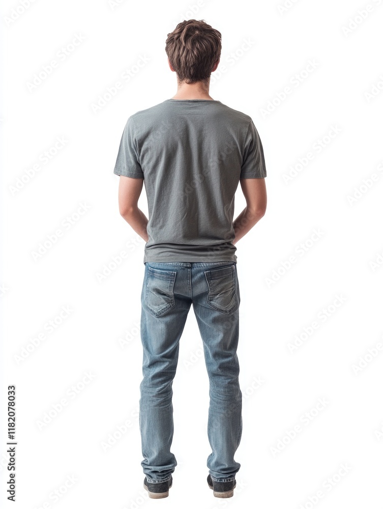 young adult man standing with back view in casual gray t-shirt and blue jeans on isolated white background with large empty space for text or messaging young adult man standing with back view in casual gray t-shirt and blue jeans on isolated white background with large empty space for text or messaging