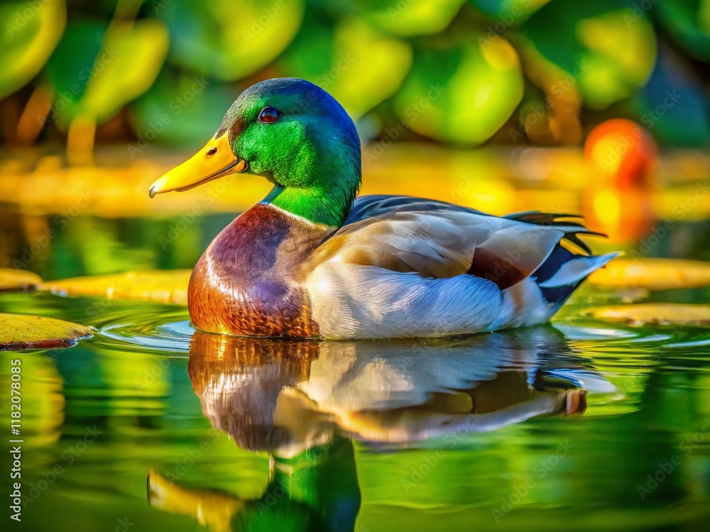 Fototapeta premium Serene Mallard Duck Resting on Lily Pad in Calm Pond - Stock Photo