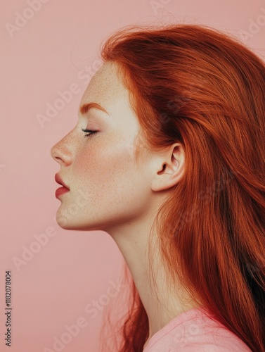 Wallpaper Mural Profile of a young woman with vibrant red hair against a soft pink background showcasing beauty features and ample empty space for text or branding. Torontodigital.ca