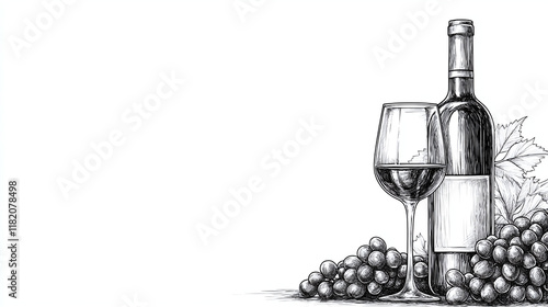 Sketch of wine glass, a bottle of wine and grapes. Draw a continuous line. Copy space, banner concept.