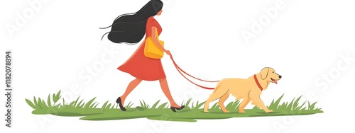 A woman is walking her dog, a simple flat vector illustration with a white background