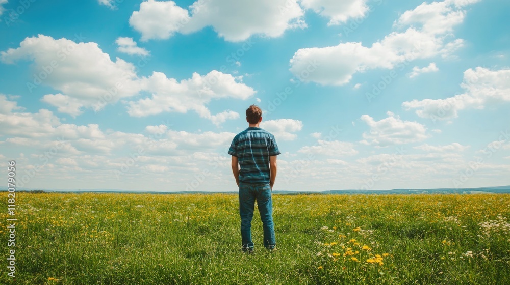 casual young adult man standing in green grassy field under blue sky with white clouds enjoying nature in beautiful outdoor environment casual young adult man standing in green grassy field under blue sky with white clouds enjoying nature in beautiful outdoor environment