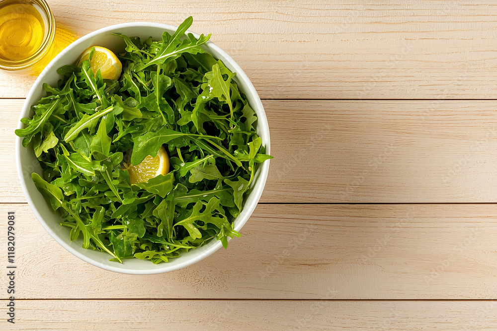 Fresh arugula salad with lemon slices and olive oil on wooden table Fresh arugula salad with lemon slices and olive oil on wooden table