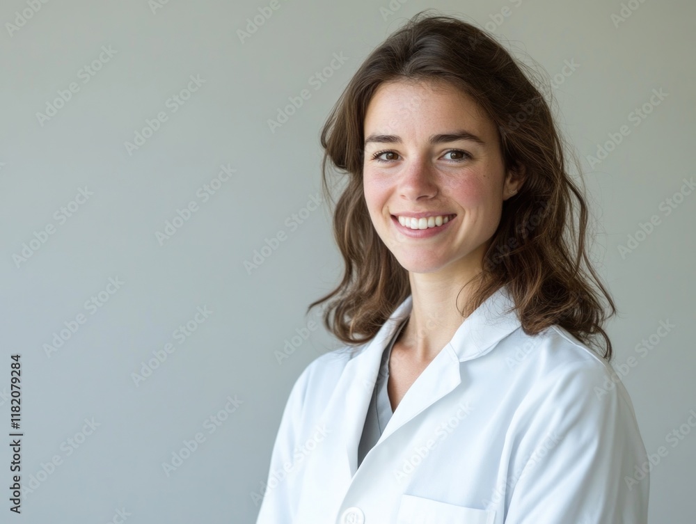 Smiling female doctor in white medical gown, captured in soft natural light against a neutral gray background, showcasing professionalism and warmth. Smiling female doctor in white medical gown, captured in soft natural light against a neutral gray background, showcasing professionalism and warmth.