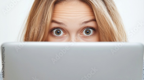 Surprised young woman with long blonde hair focused on laptop screen in bright indoor setting, conveying curiosity and engagement. photo