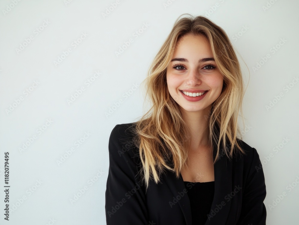 Professional smiling blonde woman in stylish black jacket against bright white background, showcasing friendly demeanor with ample copyspace for text. Professional smiling blonde woman in stylish black jacket against bright white background, showcasing friendly demeanor with ample copyspace for text.