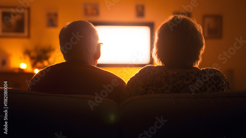 An intimate moment of a senior couple watching a movie, their silhouettes softly illuminated by the flickering TV light. They are nestled together in a warm living room adorned with personal touches photo