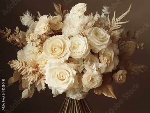 Wedding bouquet featuring soft ivory flowers, beautifully arranged with subtle textures and golden hues in a retro style photo